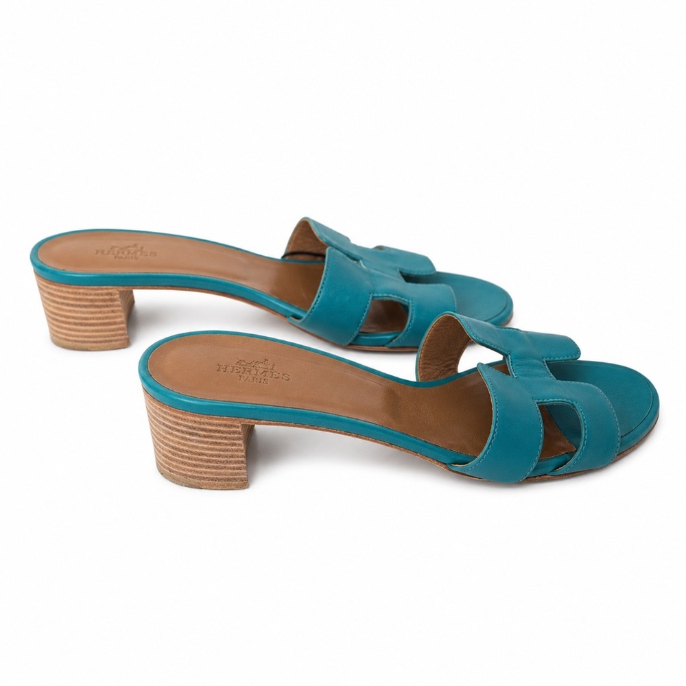Hermes Oasis Teal Blue Leather Slide Sandals